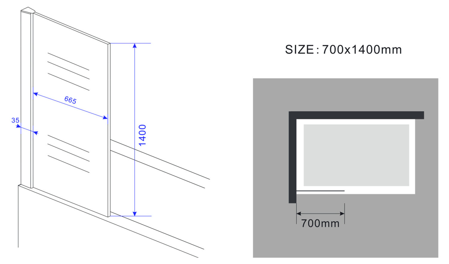 Vaste bad-wand 70 cm