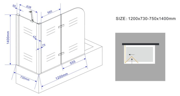 Badwand met zijwand 73-75 cm