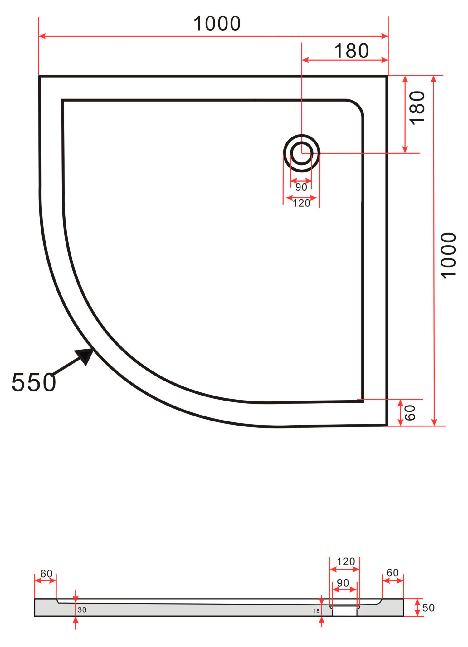 Technische tekening van de Hoogglans zwarte douchebak 100 x 100 cm
