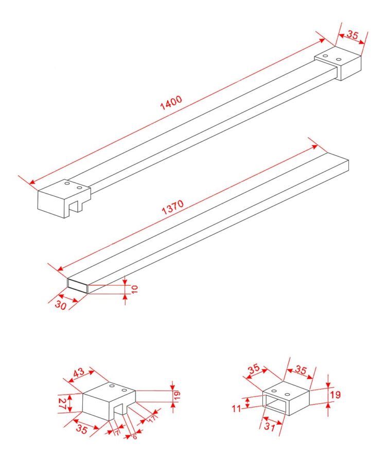 Technische tekening van stabilisatie stang 140 cm