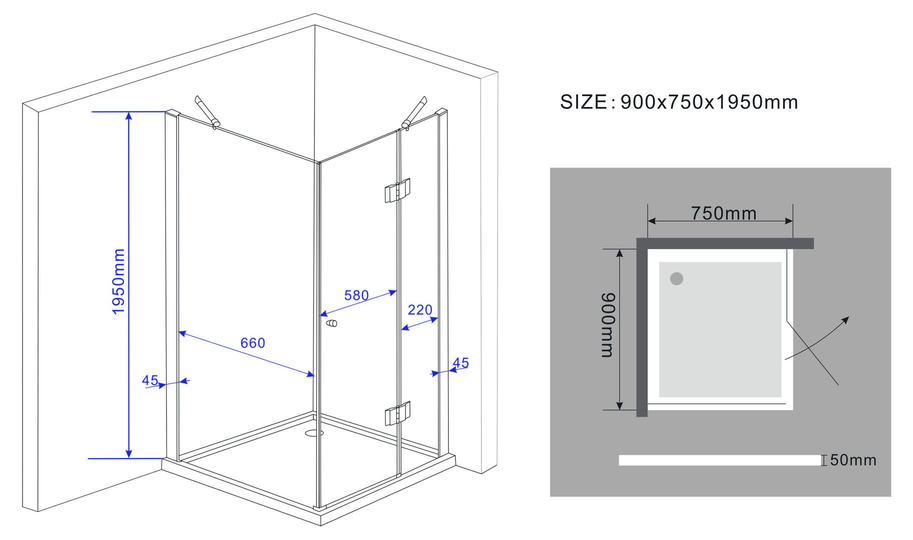 Douchecabine rechthoekmodel hoekinstap 7 afmetingen kopen
