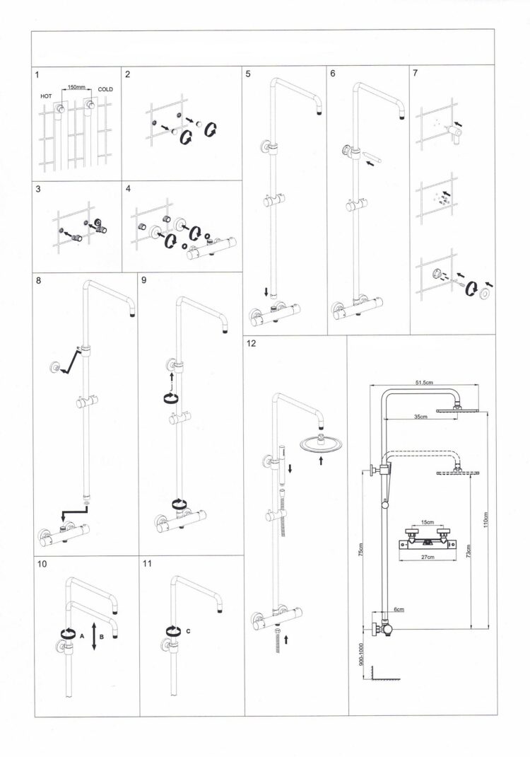 Montage tekening opbouw regen douche set