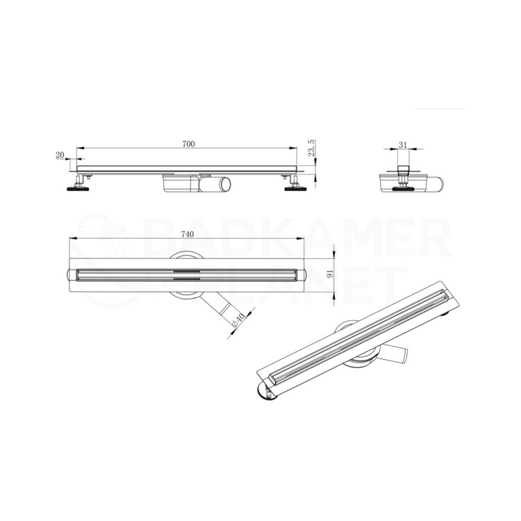 Douchegoot RVS incl. fles en draaibaar sifon (maatvoering 70 cm)