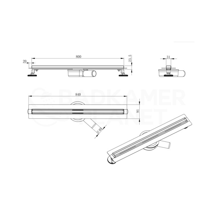 Douchegoot RVS incl. fles en draaibaar sifon (maatvoering 80 cm)
