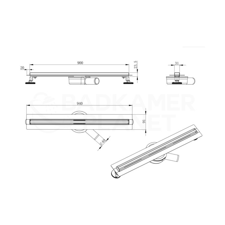 Douchegoot RVS incl. fles en draaibaar sifon (maatvoering 90 cm)