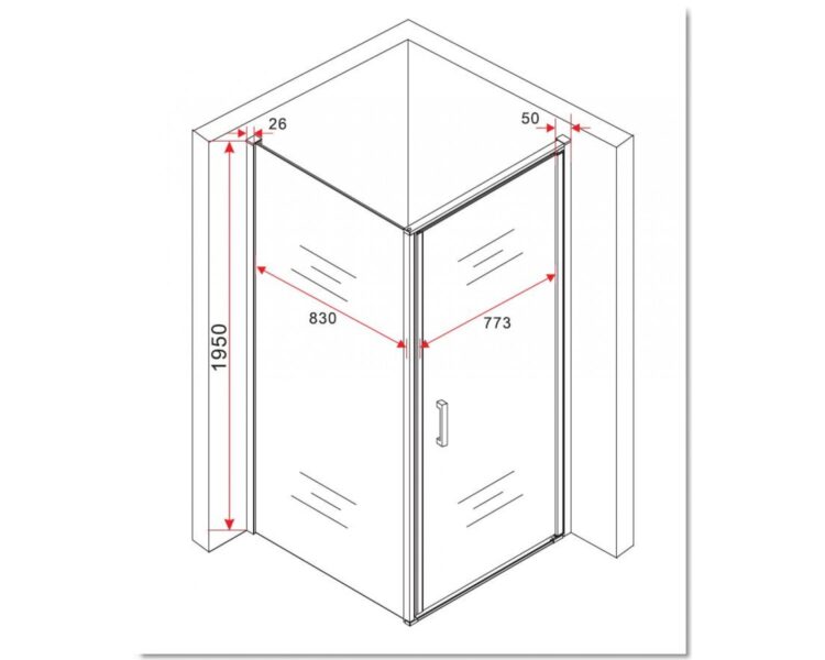 Tekening van de matzwarte douchecabine 90x90