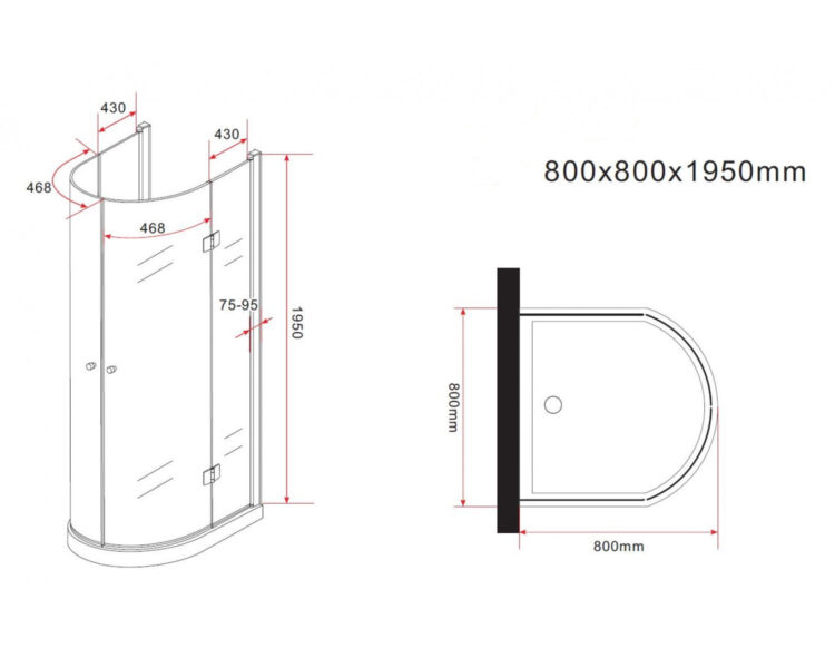 Maattekening D-model u-vorm douchecabine