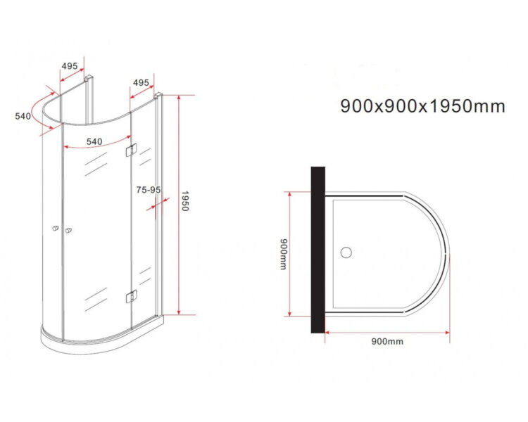 Maattekening D-model u-vorm douchecabine