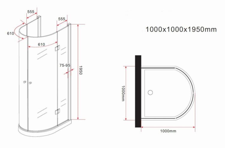 Maattekening D-model u-vorm douchecabine