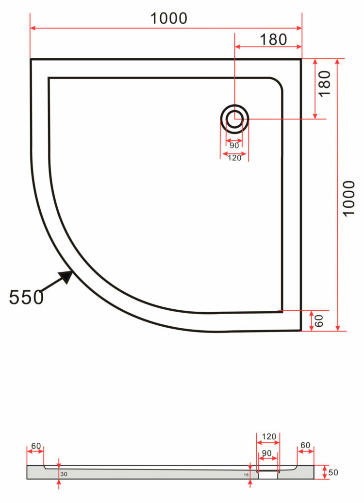 Technische tekening van de Hoogglans zwarte douchebak 100 x 100 cm