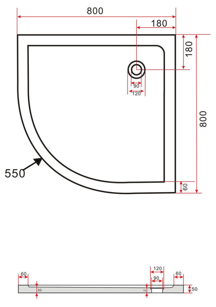 Technische tekening van de Hoogglans zwarte douchebak 80 x 80 cm