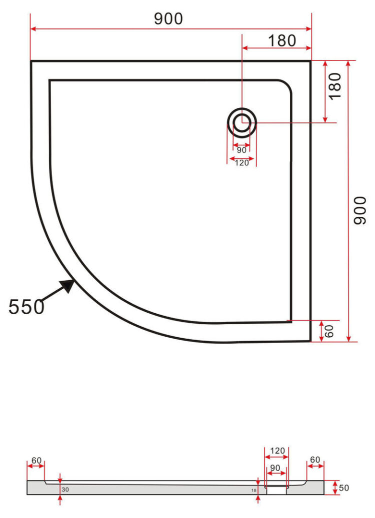 Technische tekening van de Hoogglans zwarte douchebak 90 x 90 cm