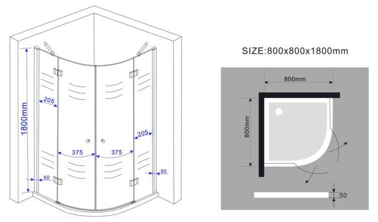 kwartronde douchecabine hoogte 180 cm