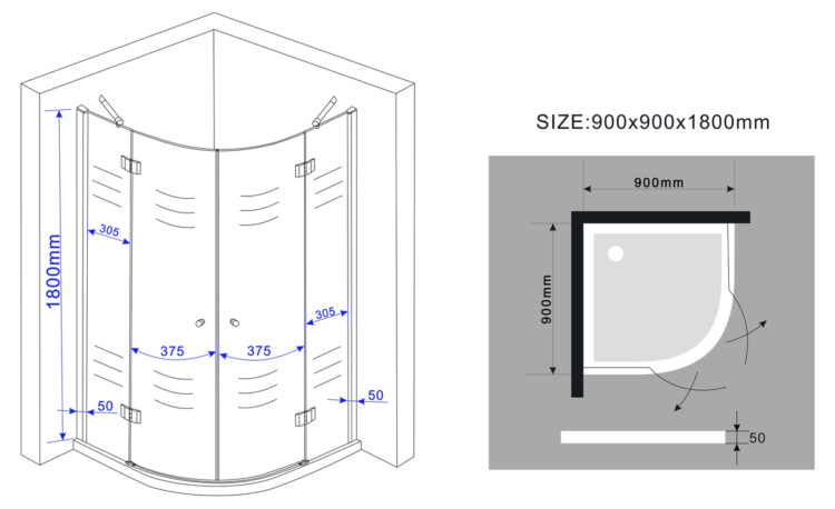 kwartronde douchecabine hoogte 180 cm