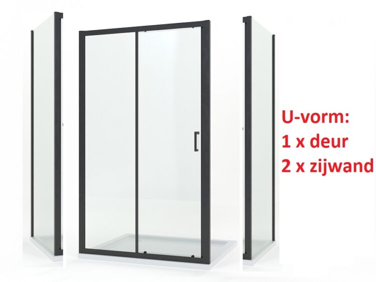 Douchecabine U vorm met schuifdeur en zwarte profielen (200 cm hoog)