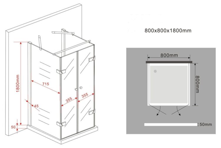 Douchecabine U vorm hoogte 180 cm
