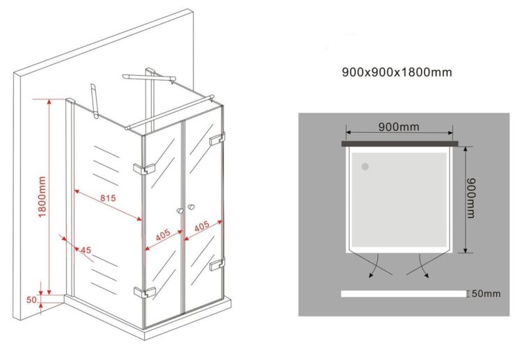 Douchecabine U vorm hoogte 180 cm
