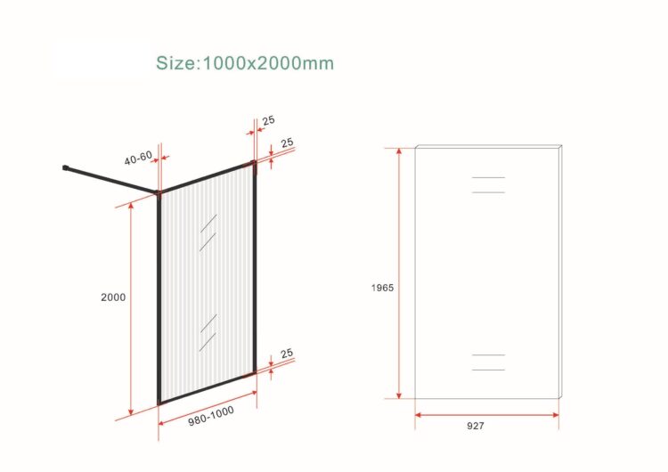 Inloopdouche zwart met geribbeld glas lijntekening 100x200cm