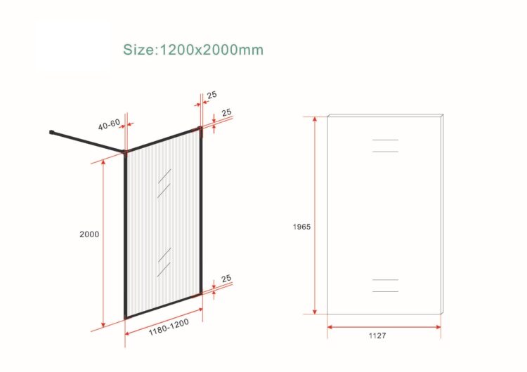 Inloopdouche zwart met geribbeld glas lijntekening 120x200cm