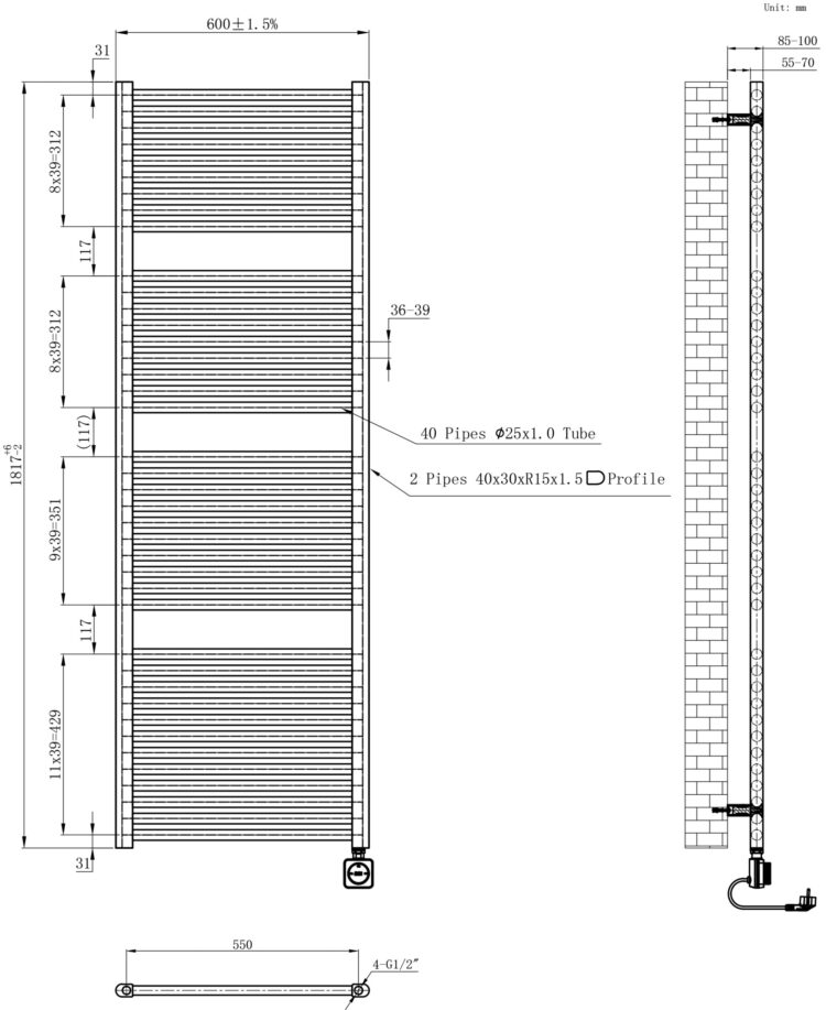 Badkamer radiator Elara 1000 Watt lijntekening.