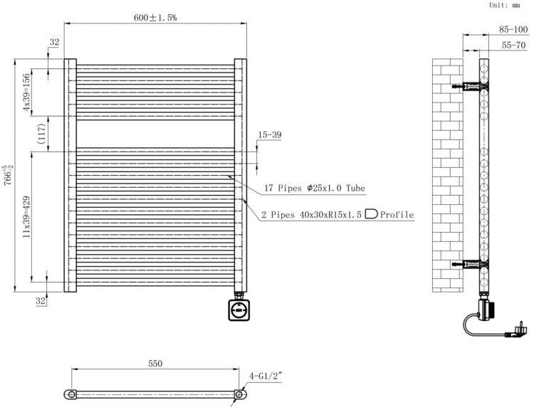 Badkamer radiator Elara 400 Watt lijntekening.