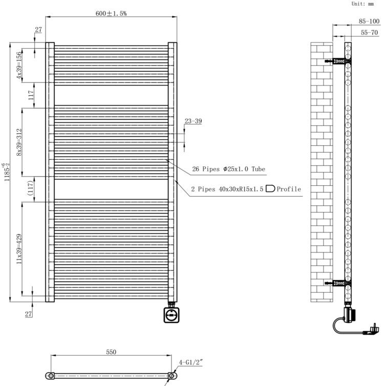 Badkamer radiator Elara 700 Watt lijntekening.