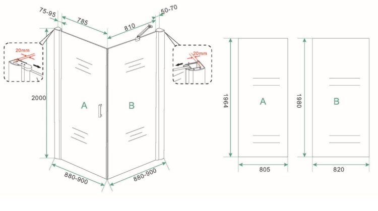 Zwarte douchecabine met draaideur lijntekening 90x90