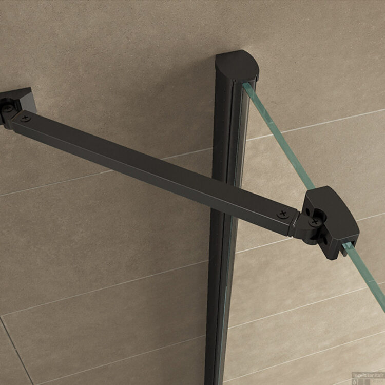 Zwarte douchecabine met draaideur stabilisatiestang
