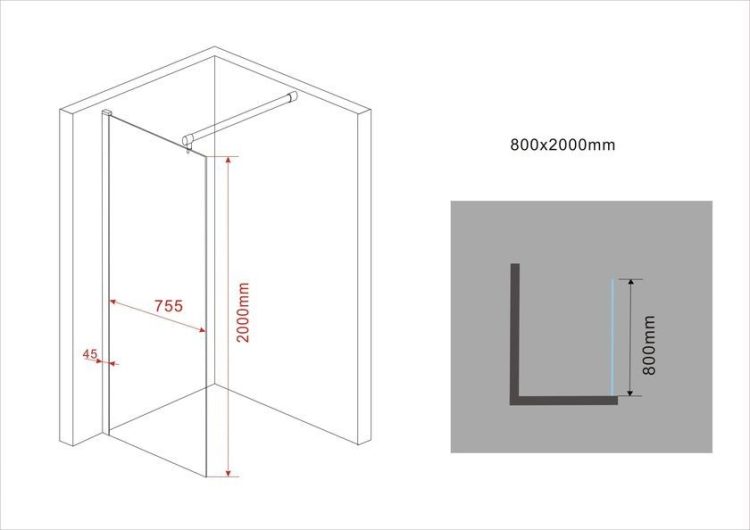 Inloopdouchewand matglas lijntekening 80 cm