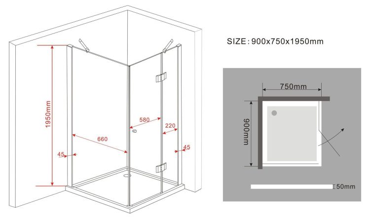 Matzwarte douchecabine draaideur 90x75x195 cm lijntekening