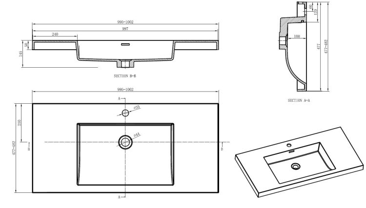 Badkamermeubel Algau Wastafel 100 cm lijntekening