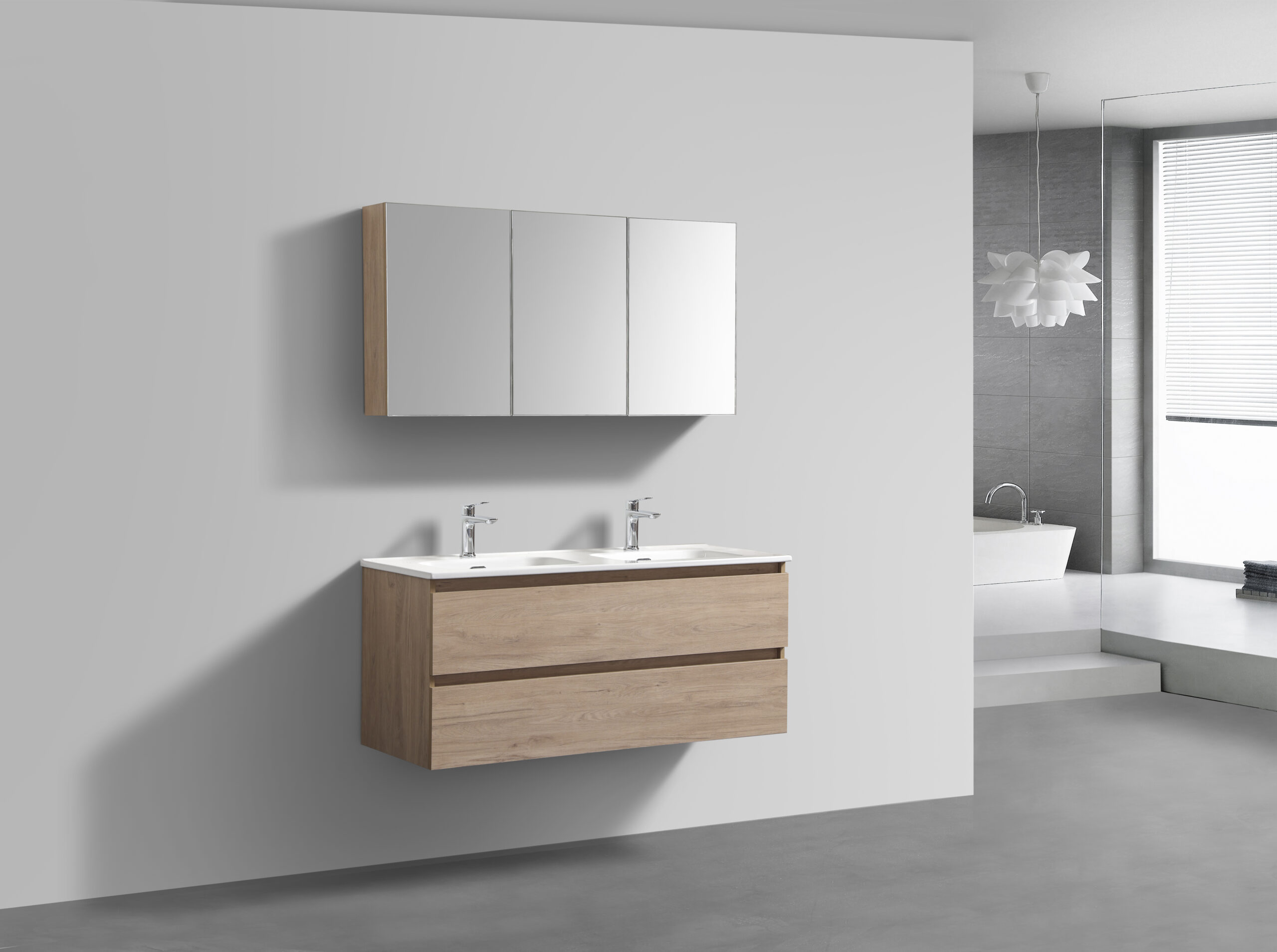 Scandinavisch Eiken badkamermeubel + Spiegelkast 120 cm (zijaanzicht)