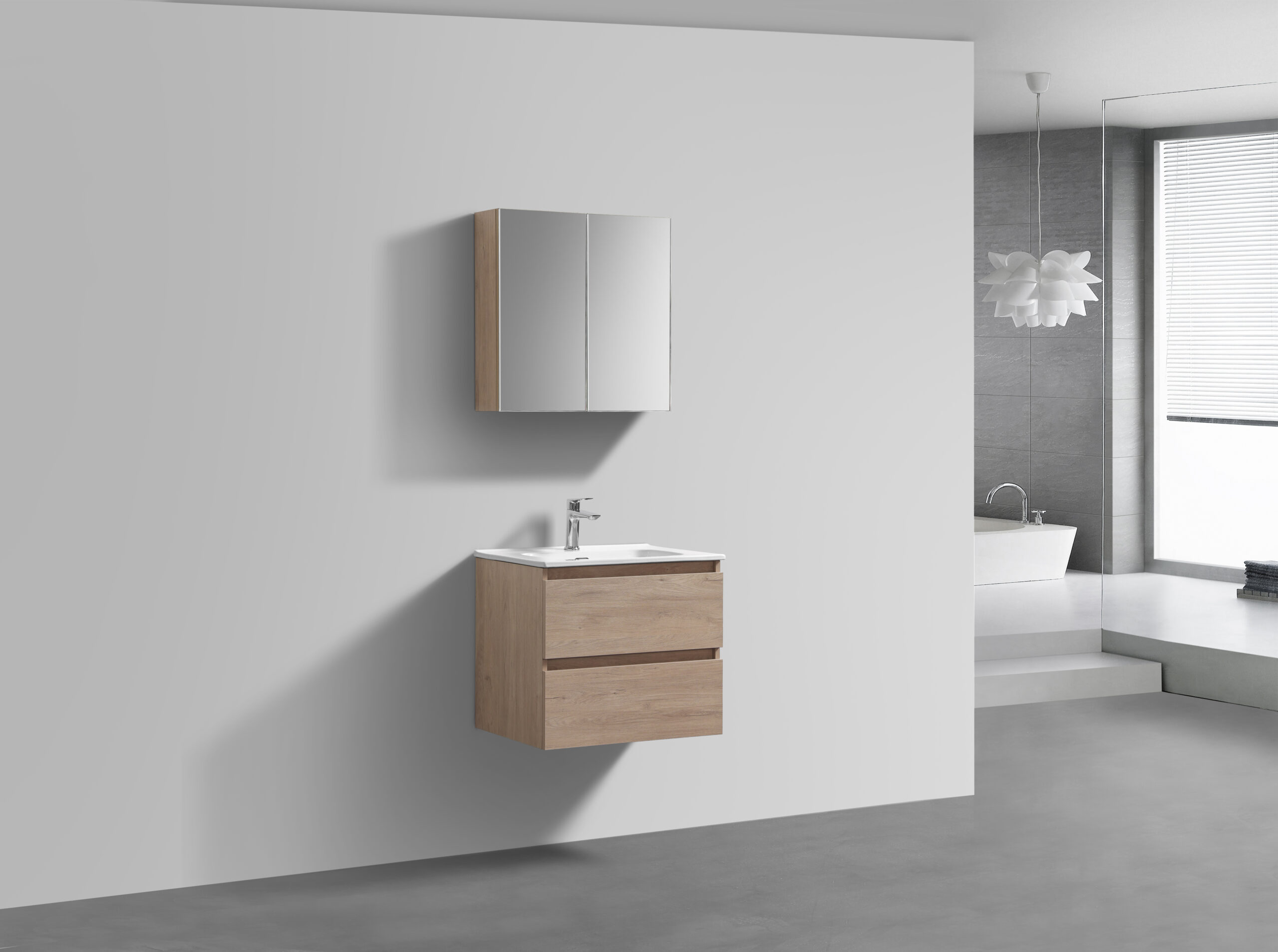 Scandinavisch Eiken badkamermeubel + Spiegelkast 60 cm (zijaanzicht)