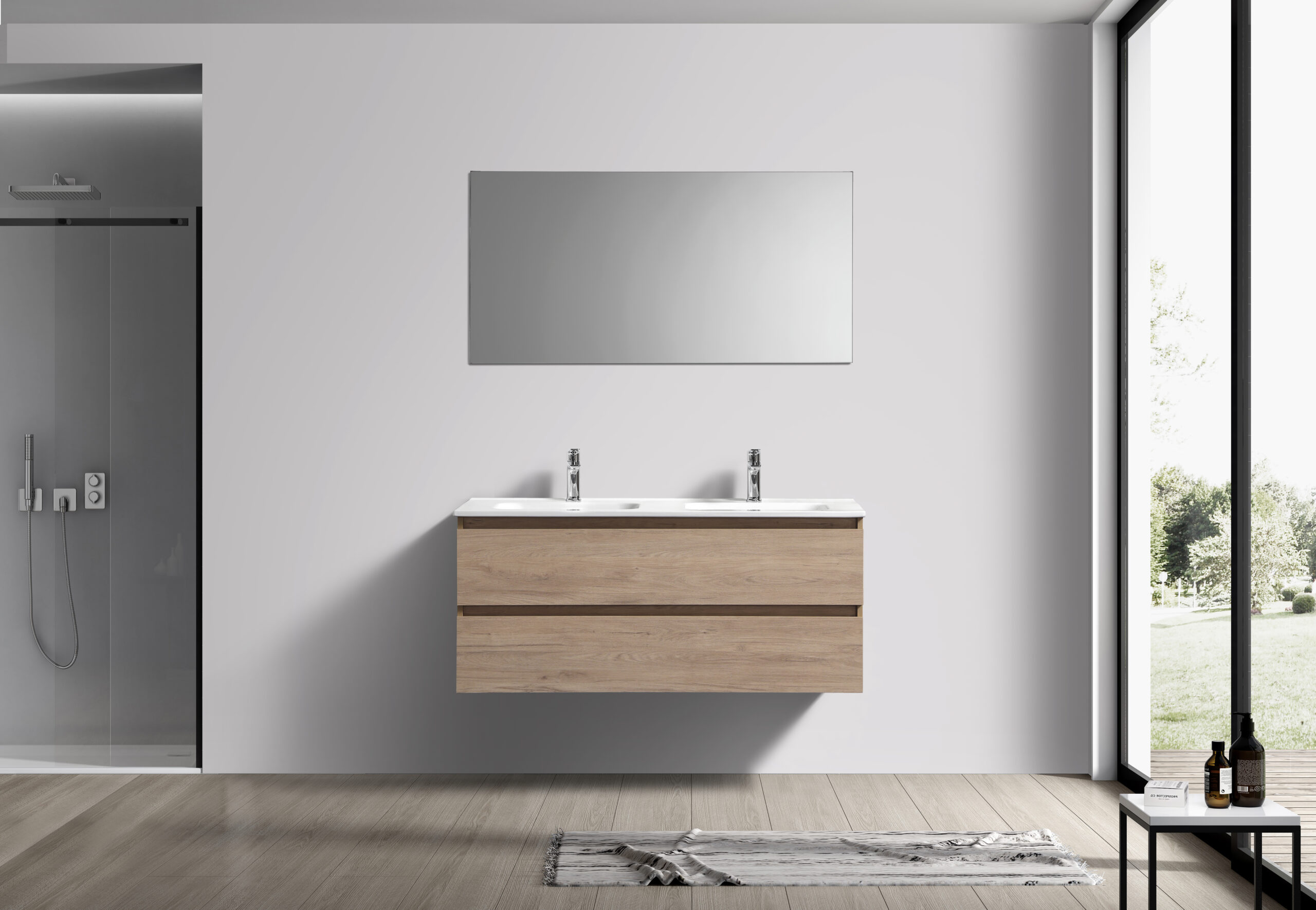 Scandinavisch Eiken badkamermeubel + Vlakke spiegel 120 cm (vooraanzicht)