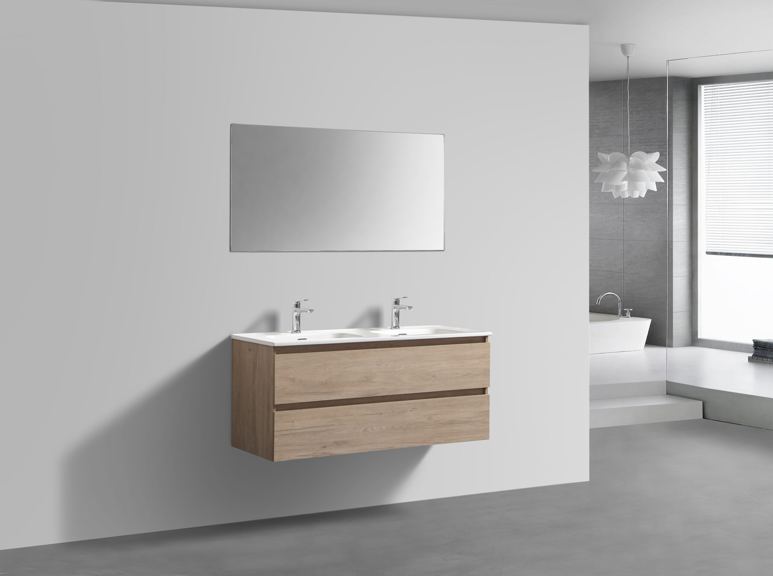 Scandinavisch Eiken badkamermeubel + Vlakke spiegel 120 cm (zijaanzicht)