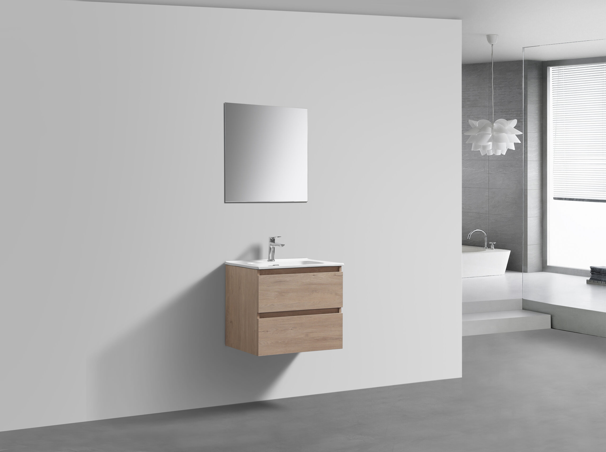 Scandinavisch Eiken badkamermeubel + Vlakke spiegel 60 cm (zijaanzicht)