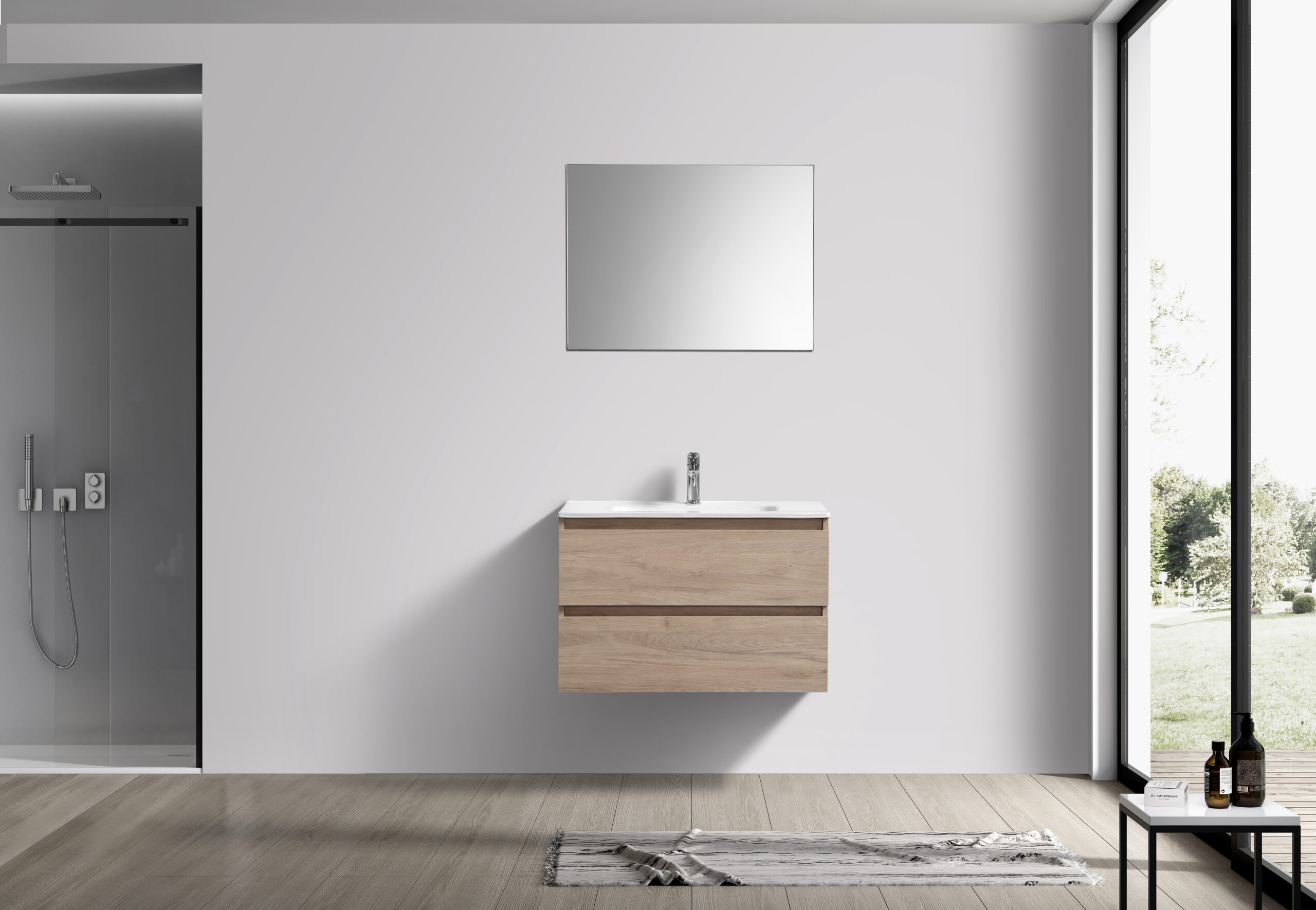 Scandinavisch Eiken badkamermeubel + Vlakke spiegel 80 cm (vooraanzicht)