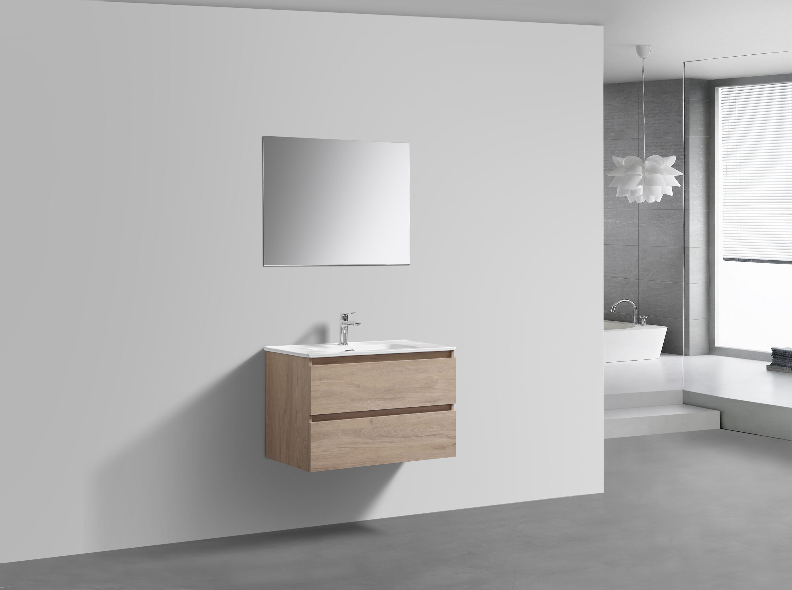 Scandinavisch Eiken badkamermeubel + Vlakke spiegel 80 cm (zijaanzicht)