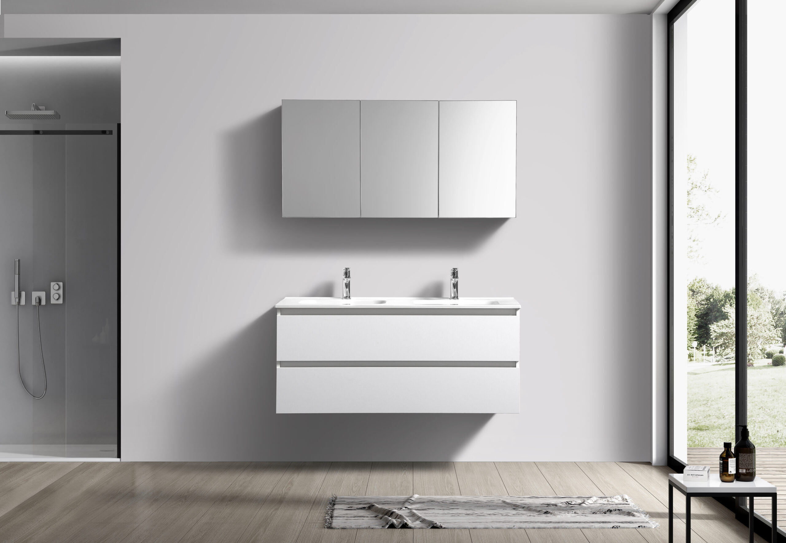 Witte badkamermeubel + Spiegelkast 120 cm (vooraanzicht)