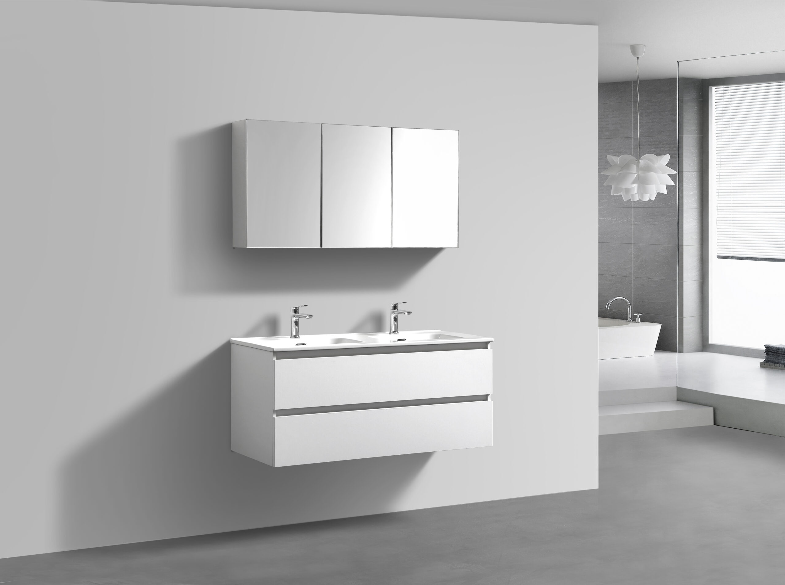 Witte badkamermeubel + Spiegelkast 120 cm (zijaanzicht)