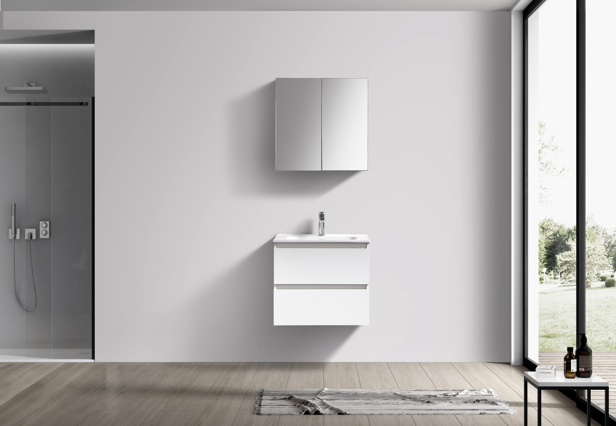 Witte badkamermeubel + Spiegelkast 60 cm (vooraanzicht)