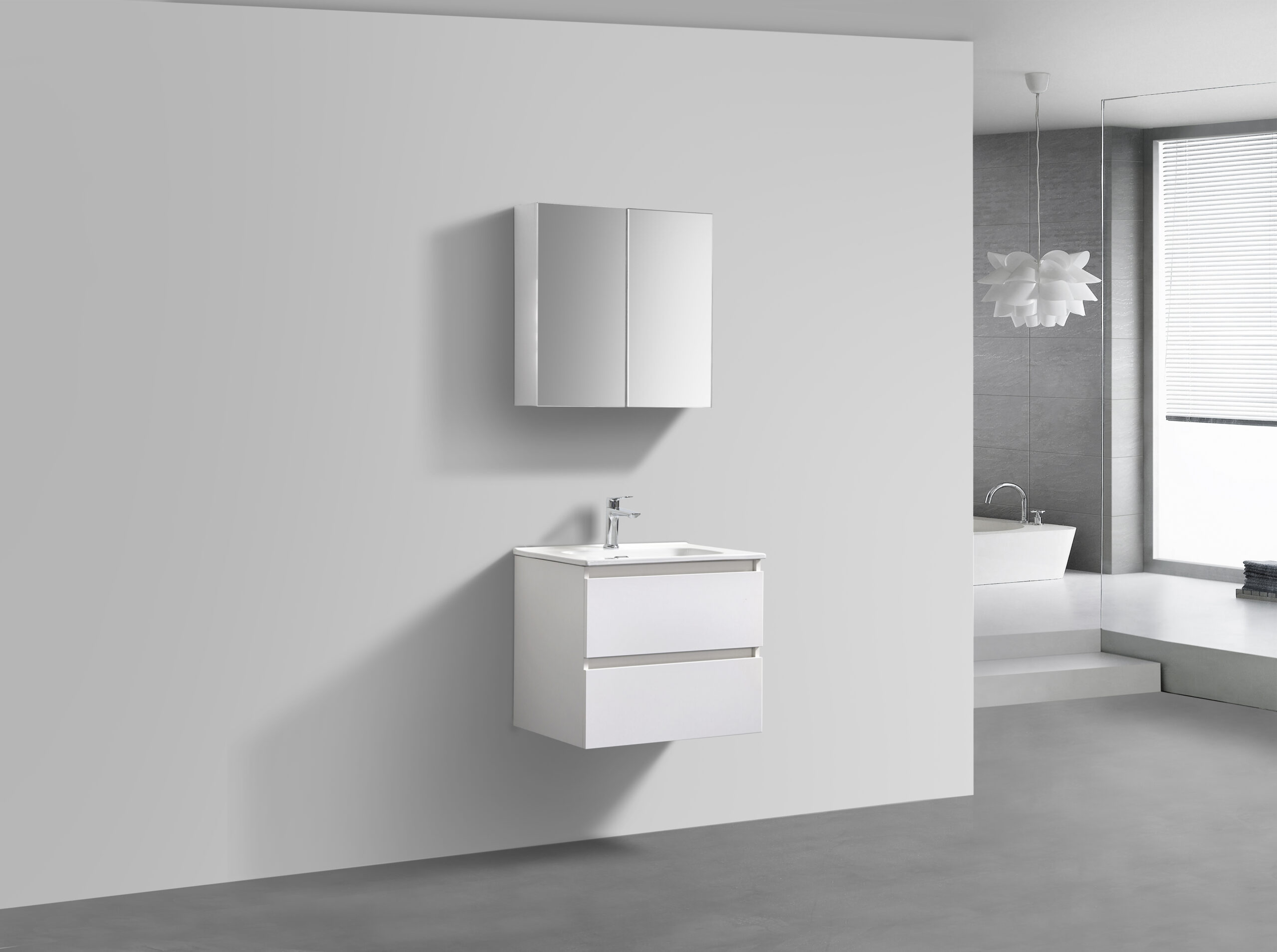 Witte badkamermeubel + Spiegelkast 60 cm (zijaanzicht)