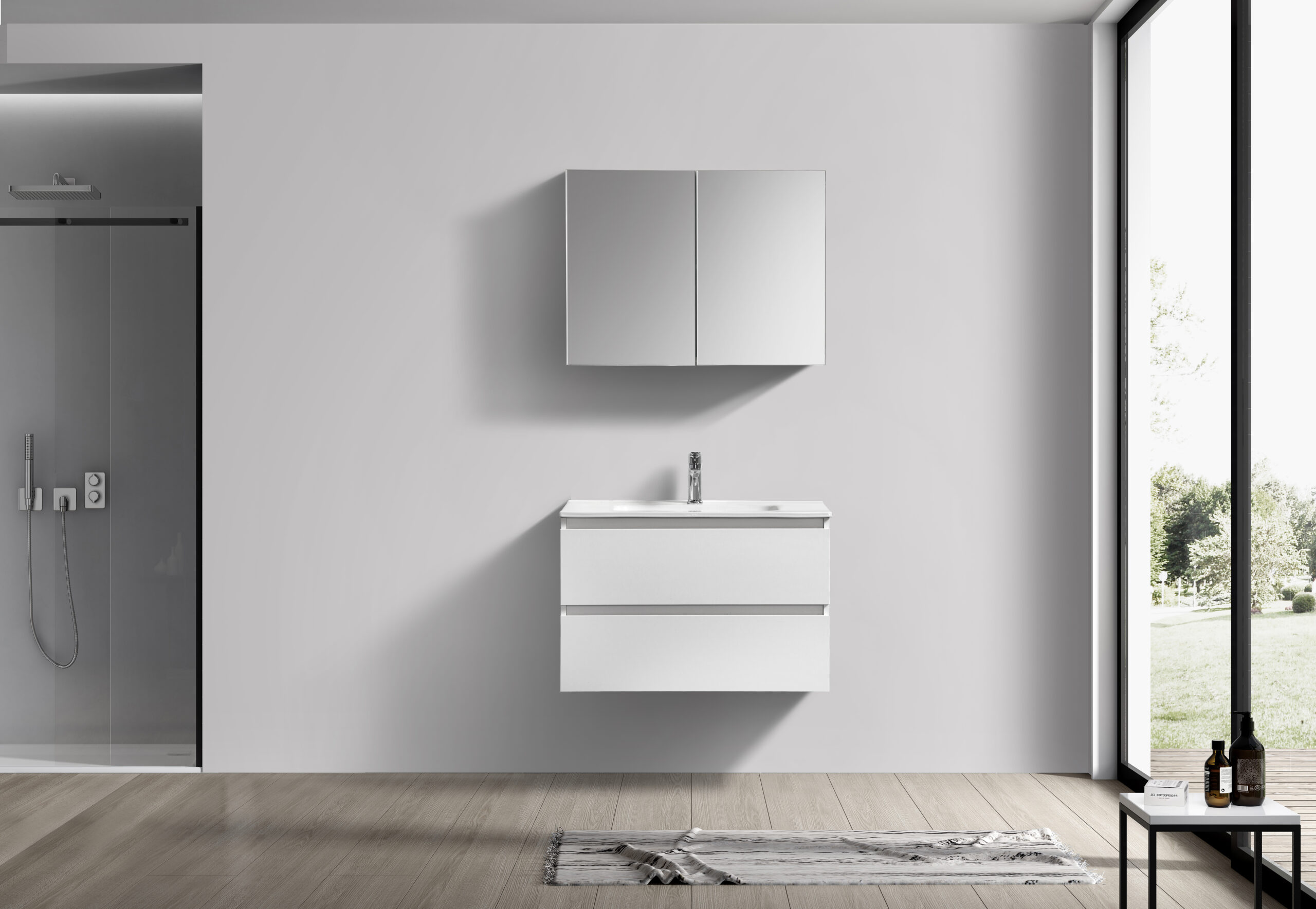 Witte badkamermeubel + Spiegelkast 80 cm (vooraanzicht)