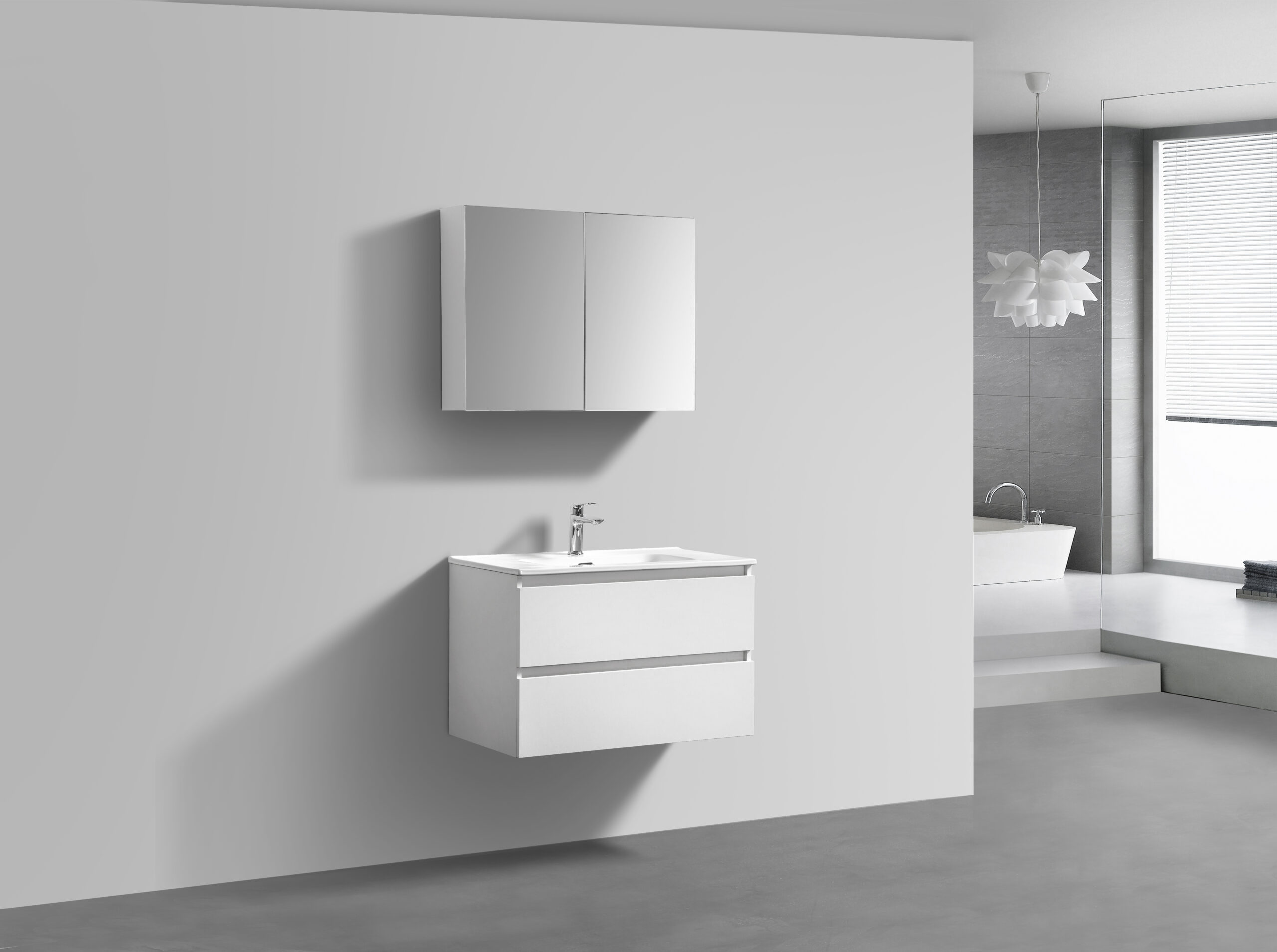 Witte badkamermeubel + Spiegelkast 80 cm (zijaanzicht)