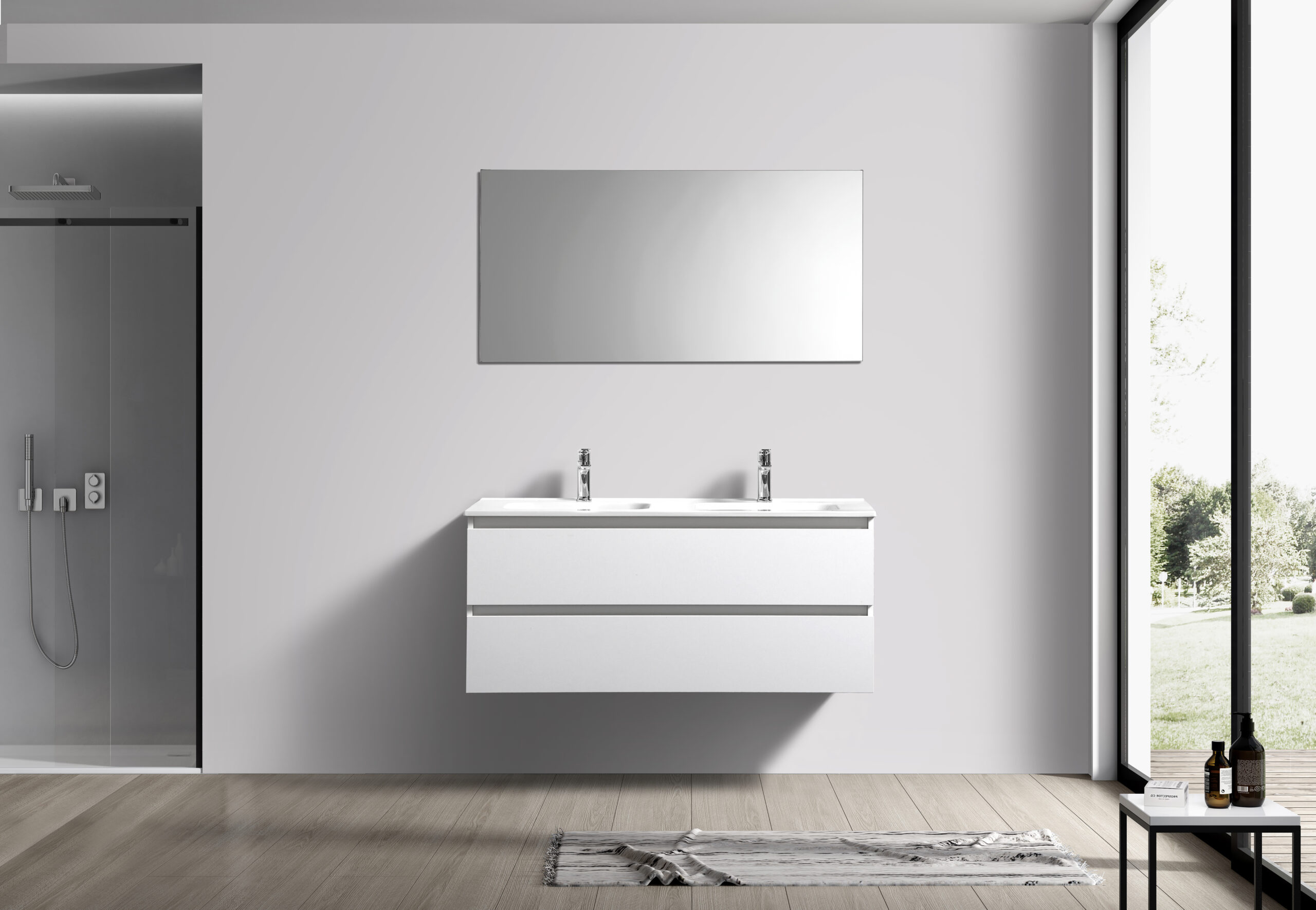 Witte badkamermeubel + Vlakke spiegel 120 cm (vooraanzicht)