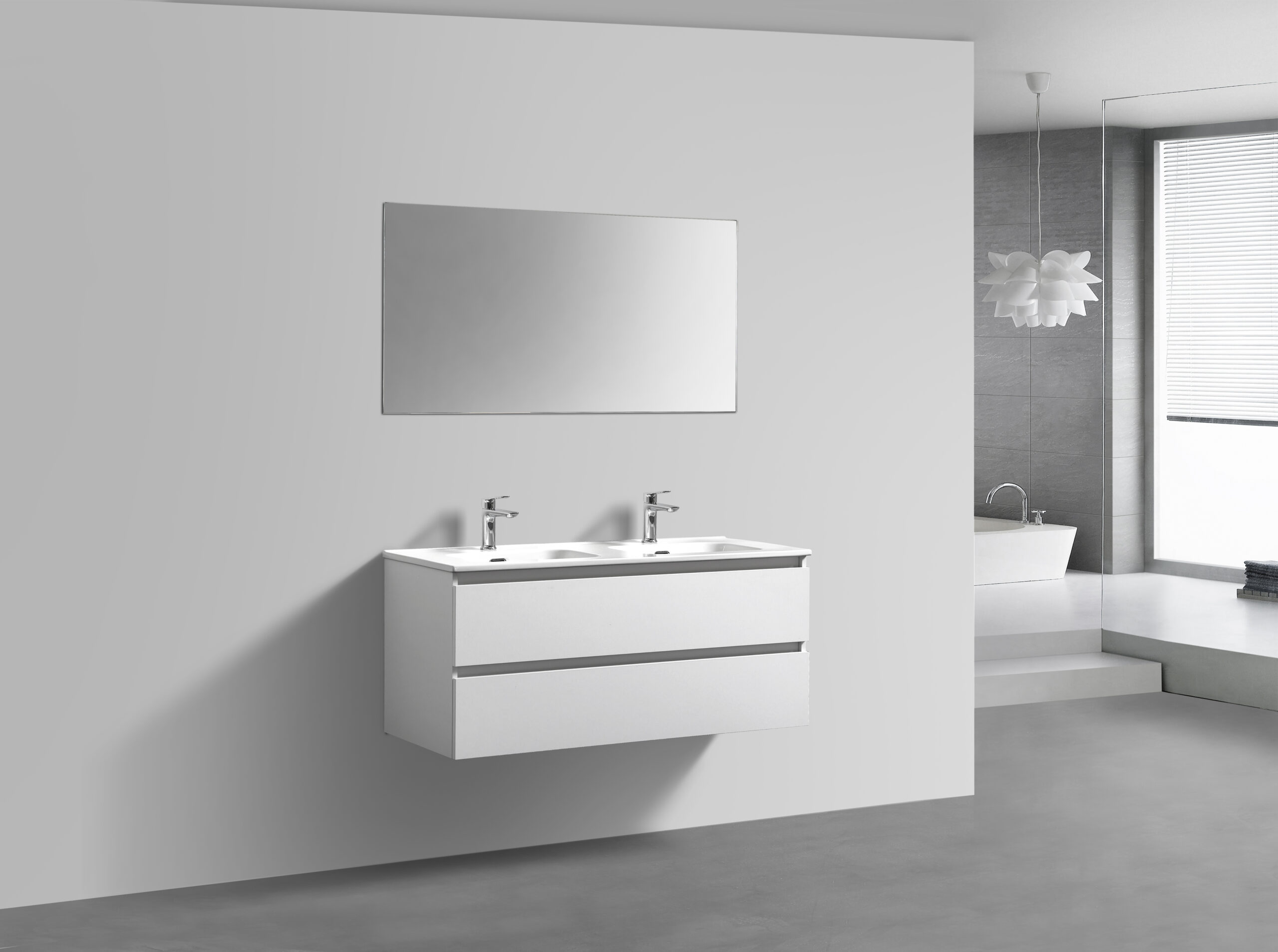 Witte badkamermeubel + Vlakke spiegel 120 cm (zijaanzicht)