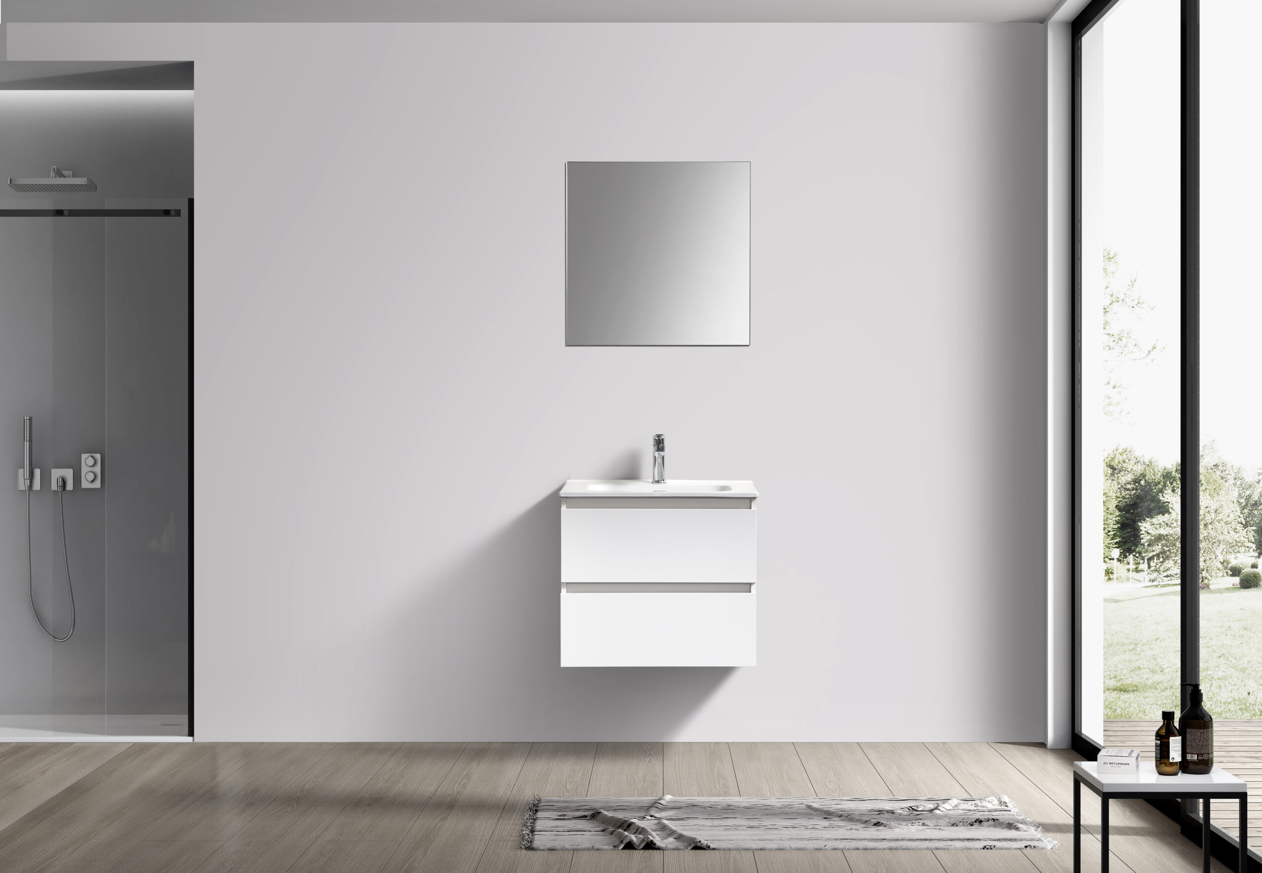 Witte badkamermeubel + Vlakke spiegel 60 cm (vooraanzicht)