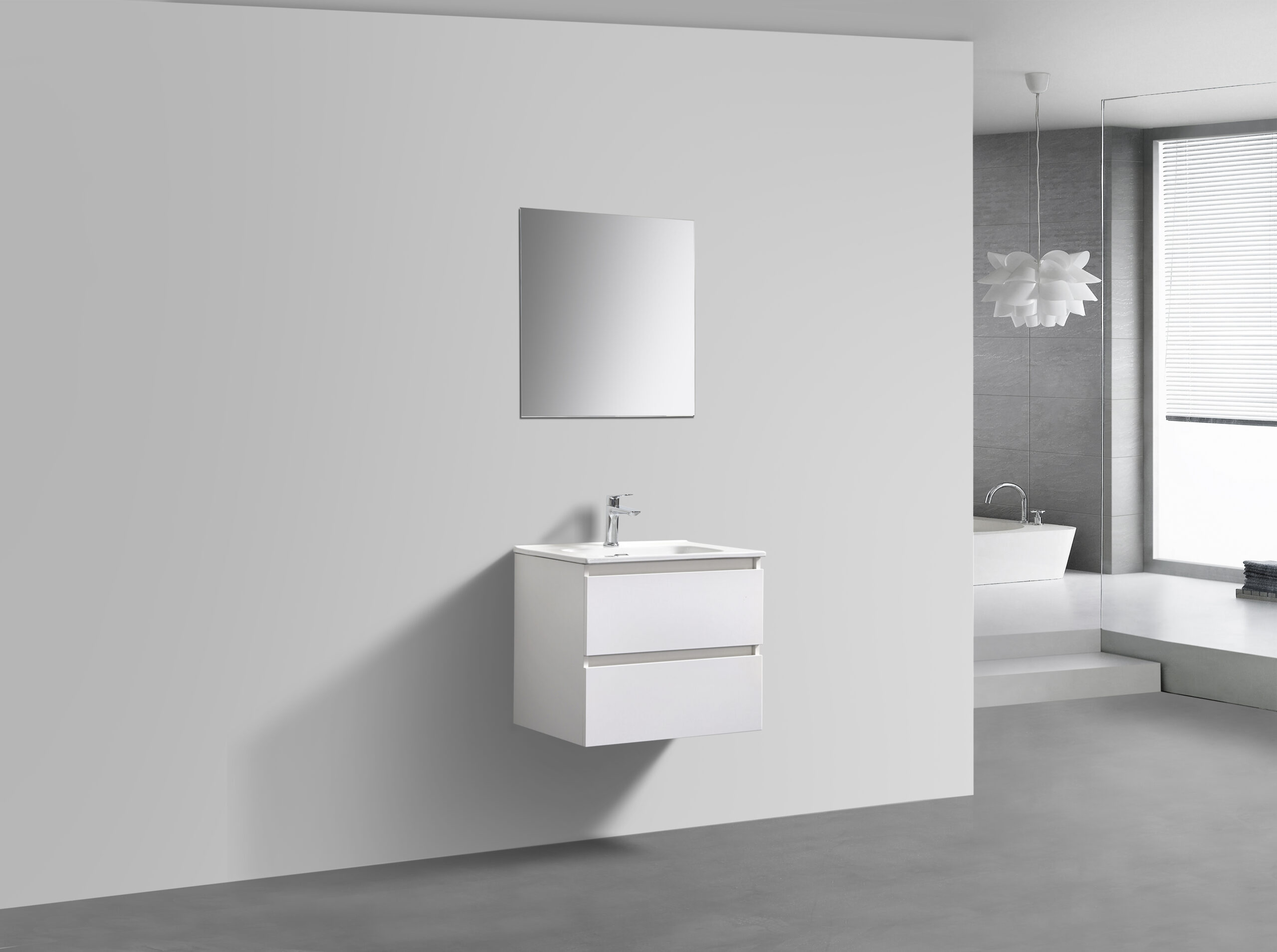 Witte badkamermeubel + Vlakke spiegel 60 cm (zijaanzicht)