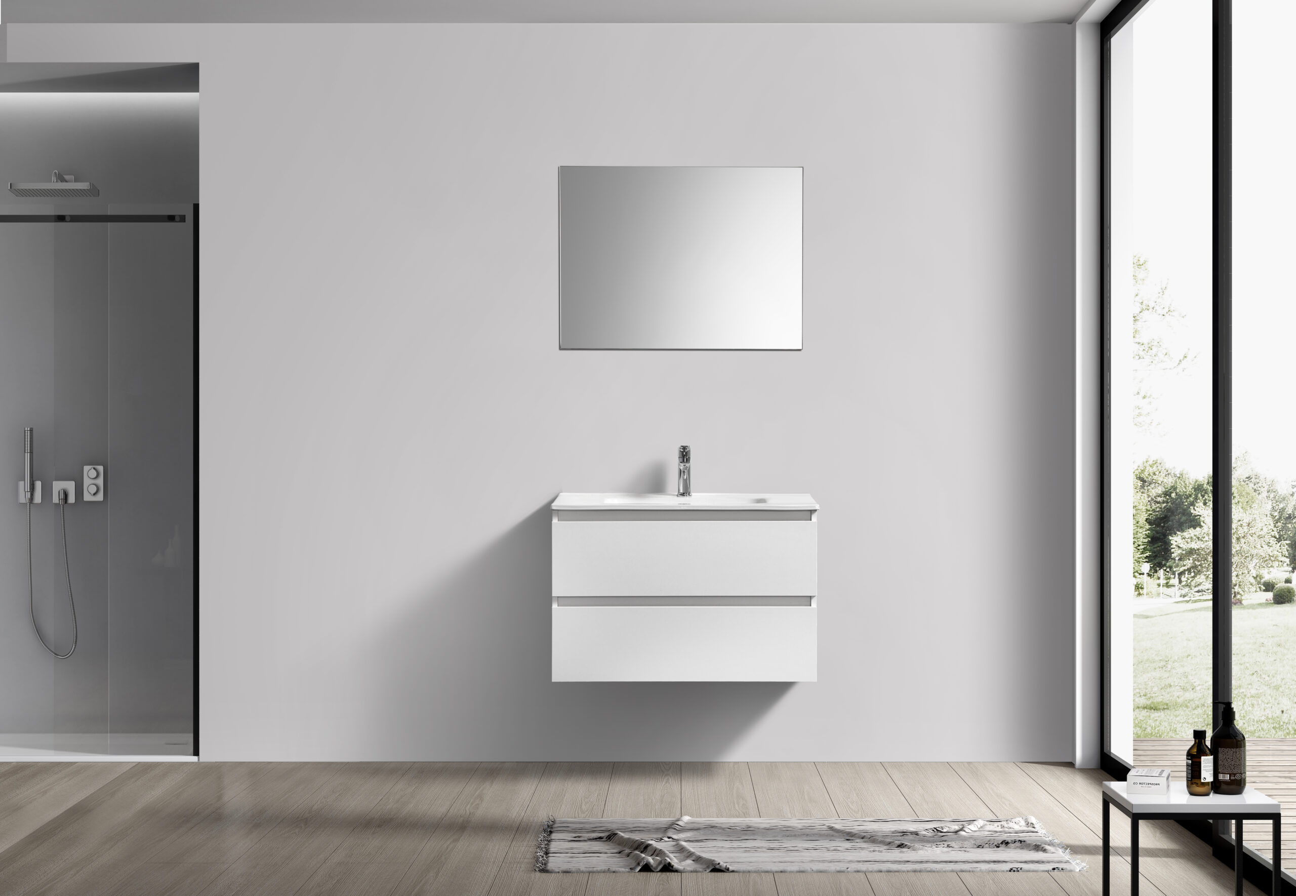 Witte badkamermeubel + Vlakke spiegel 80 cm (vooraanzicht)