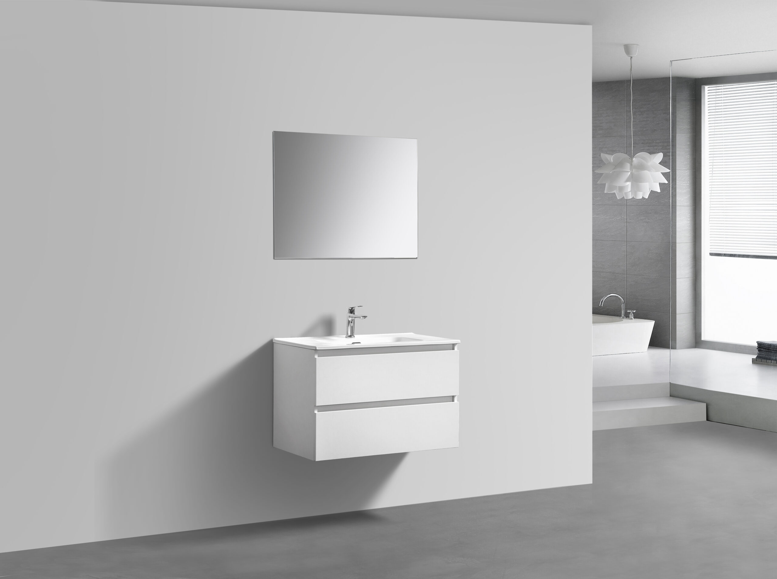 Witte badkamermeubel + Vlakke spiegel 80 cm (zijaanzicht)